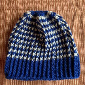 Crocheted Adult Size Mens Beanie (Blue and White)